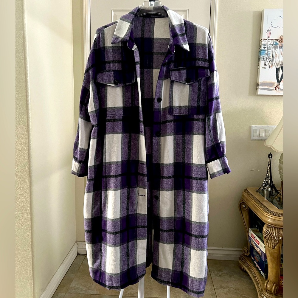 SHEIN Purple Plaid Long Coat